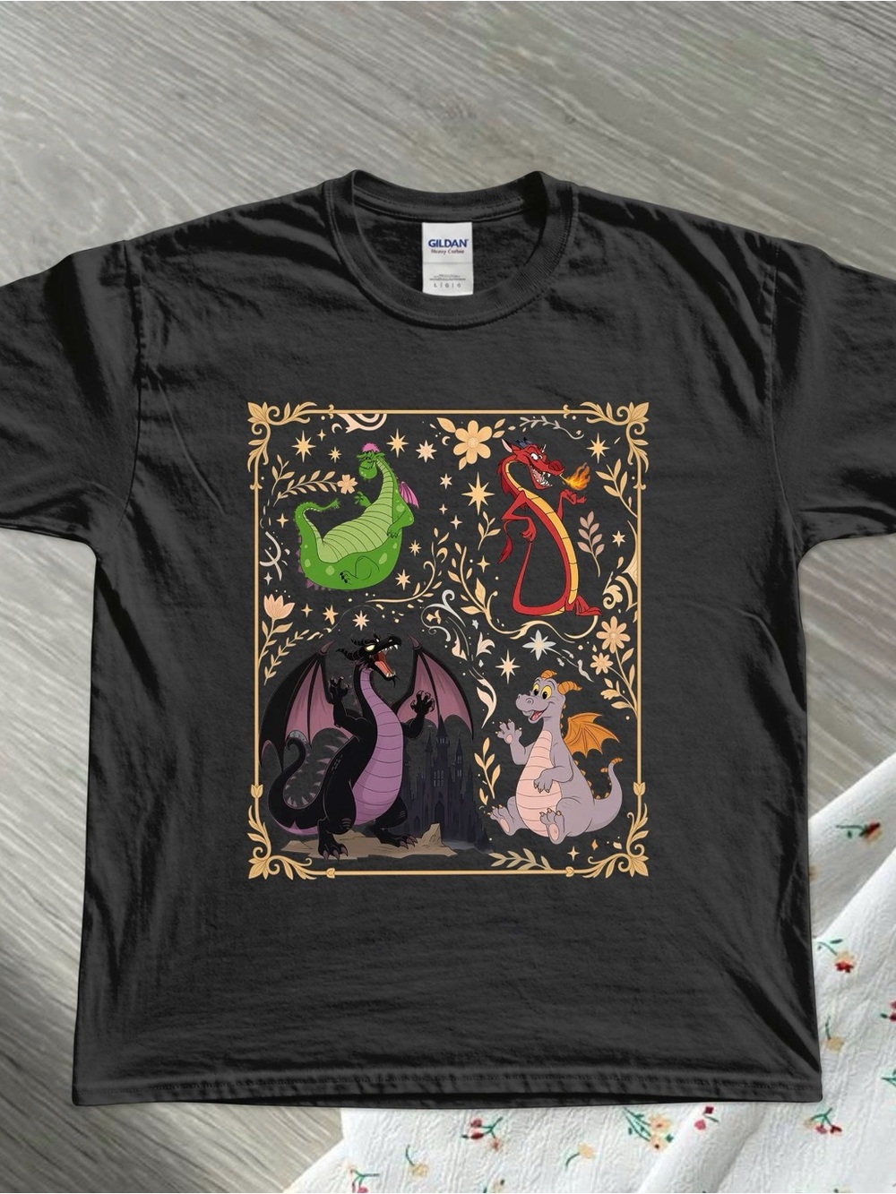 Gildan Black T‑Shirt with Colorful Dragon Quartet Graphic